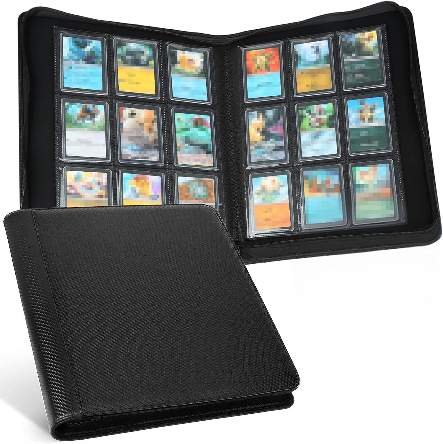 Toploader Storage Binder 9 Pocket Ringless Side Loading, Fits 288 Standard 3"×4" Hard Top Loaders, PU Fixed Page Zipper Card Album for TCG Sports Cards (Carbon Black)