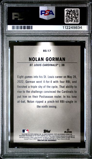 2023 BOWMAN SPOTLIGHTS #BS17 NOLAN GORMAN SPOTLIGHTS-ORANGE REF PSA 8