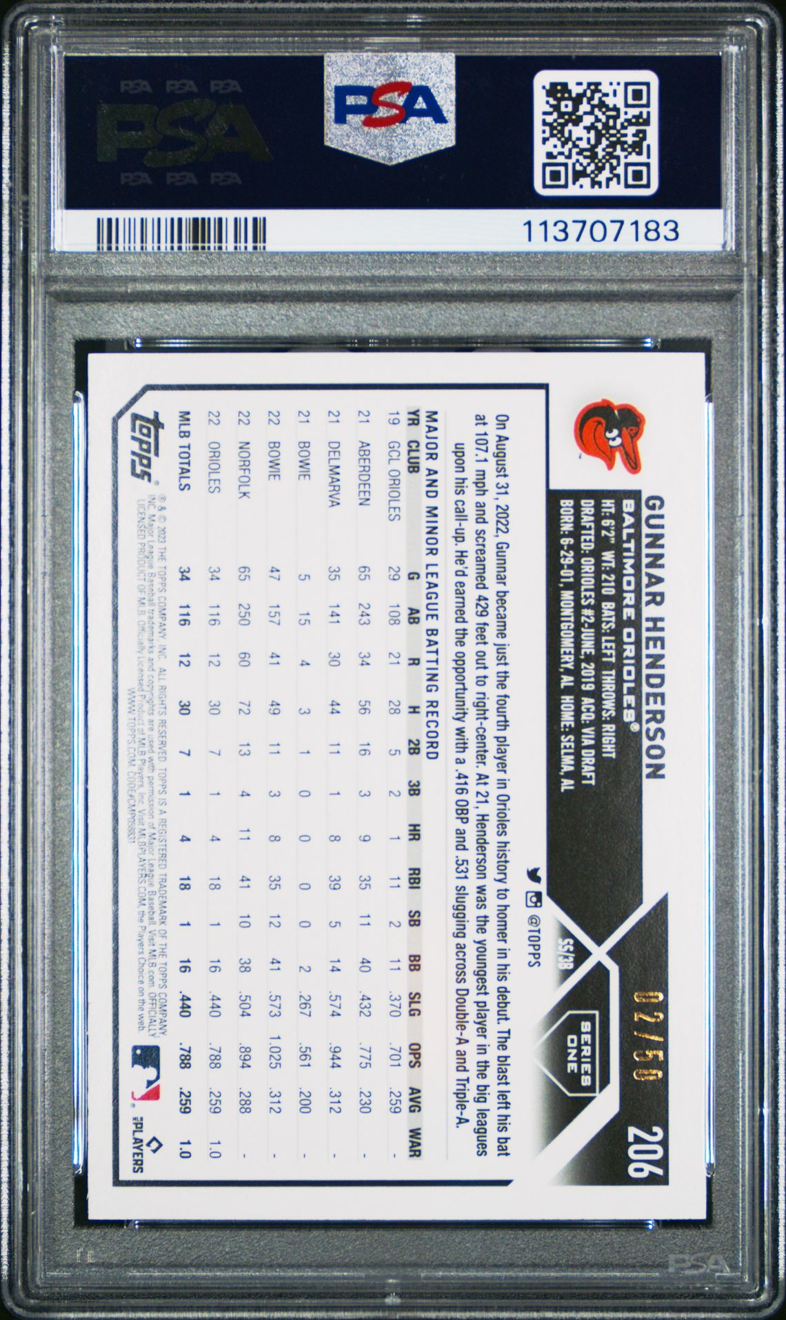 2023 TOPPS 1ST EDITION 206 GUNNAR HENDERSON RED FOIL /50 - PSA 10