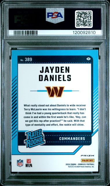 2024 PANINI DONRUSS #389 JAYDEN DANIELS OPTIC PREVIEW-PINK PSA 9