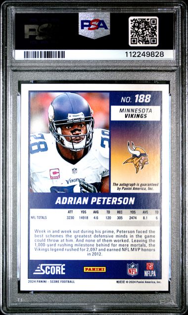 2024 PANINI SCORE #188 ADRIAN PETERSON SIGNATURE-END ZONE PSA 8