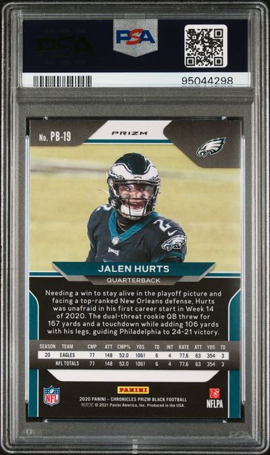 2020 PANINI CHRONICLES PRIZM BLACK #PB19 JALEN HURTS PRIZM BLACK-SILVER PSA 9