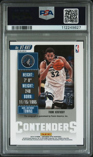 2018 PANINI CONTENDERS OPTIC VETERAN SEASON TICKET AUTOGRAPHS #KAT KARL-ANTHONY TOWNS VET.SEASON TKT.AUTO.-BLUE PSA 8