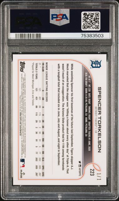 2022 TOPPS CHROME BEN BALLER #223 SPENCER TORKELSON SP-SUPERFRACTOR 1/1 PSA 10