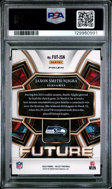 2023 PANINI SELECT SELECT FUTURE #FUTJSN JAXON SMITH-NJIGBA FUTURE-TIE-DYE PRIZM PSA 9
