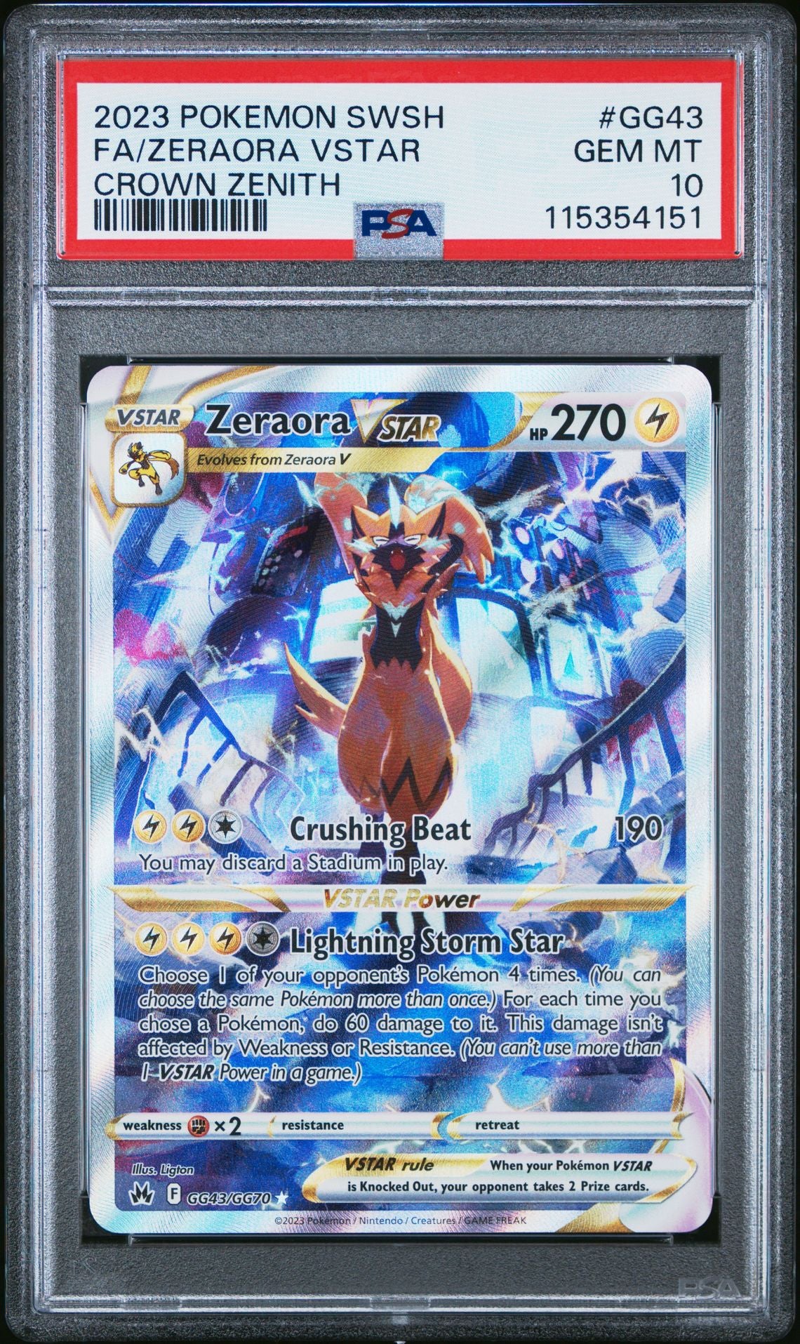 2023 POKEMON SWORD AND SHIELD CROWN ZENITH GG43 FULL ART/ZERAORA VSTAR PSA 10