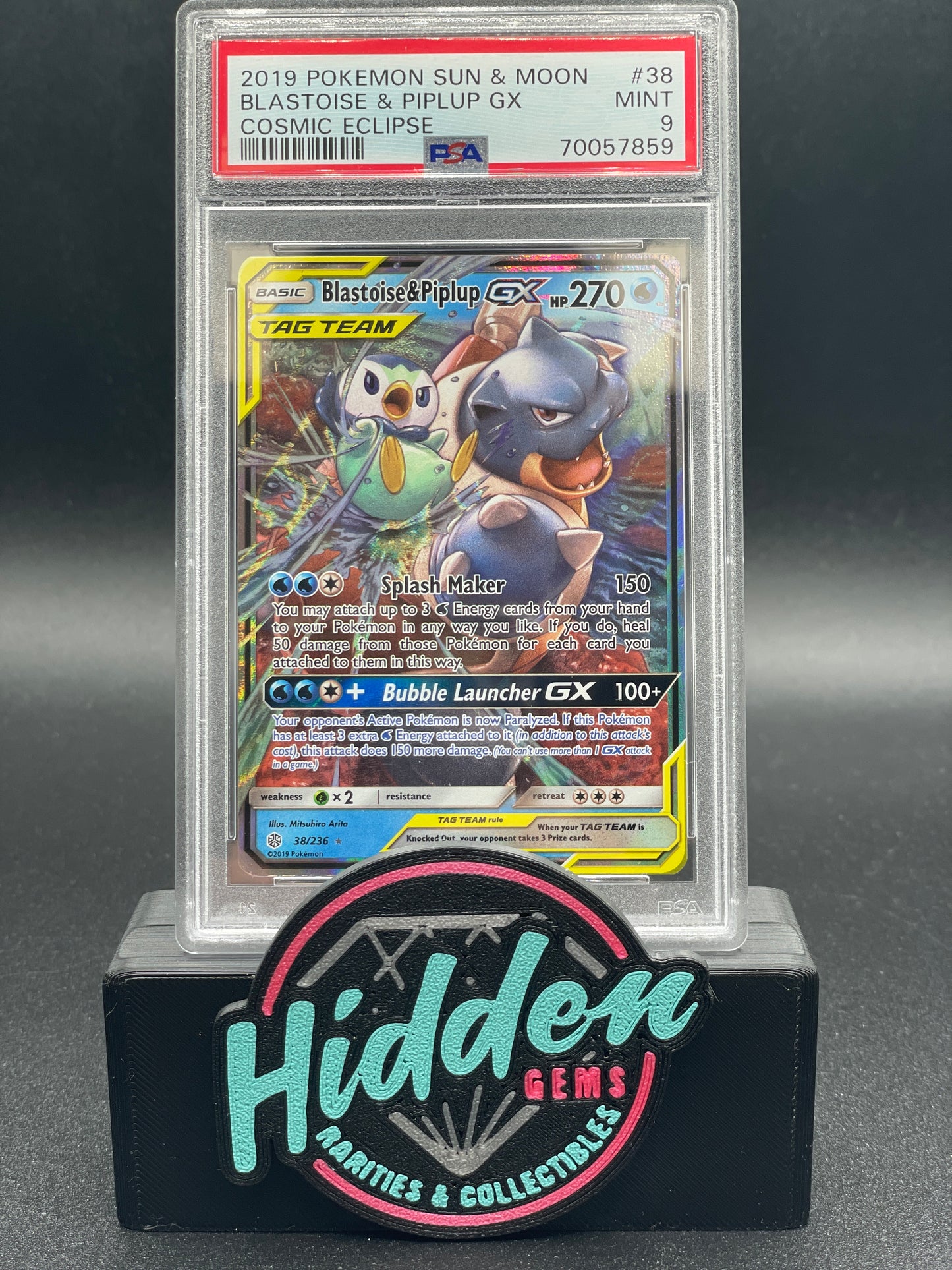 2019 POKEMON SUN & MOON COSMIC ECLIPSE #38 BLASTOISE & PIPLUP GX COSMIC ECLIPSE PSA 9