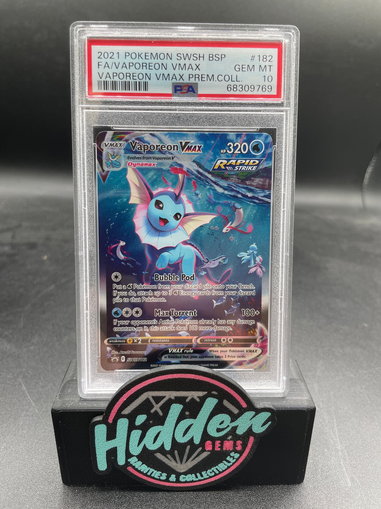 2021 POKEMON SWSH BLACK STAR PROMO #182 FA/VAPOREON VMAX VAPOREON VMAX PREM.COLL. - PSA 10