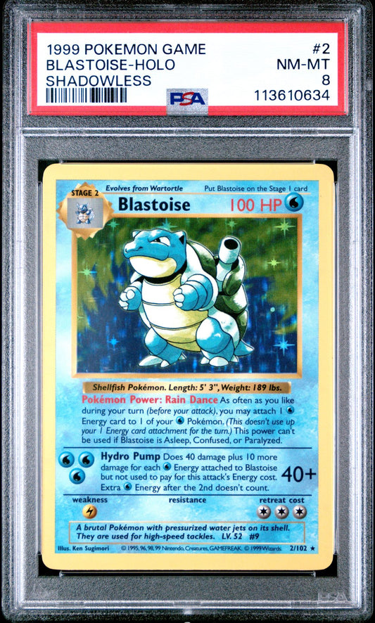 1999 POKEMON GAME 2 BLASTOISE-HOLO SHADOWLESS - PSA 8