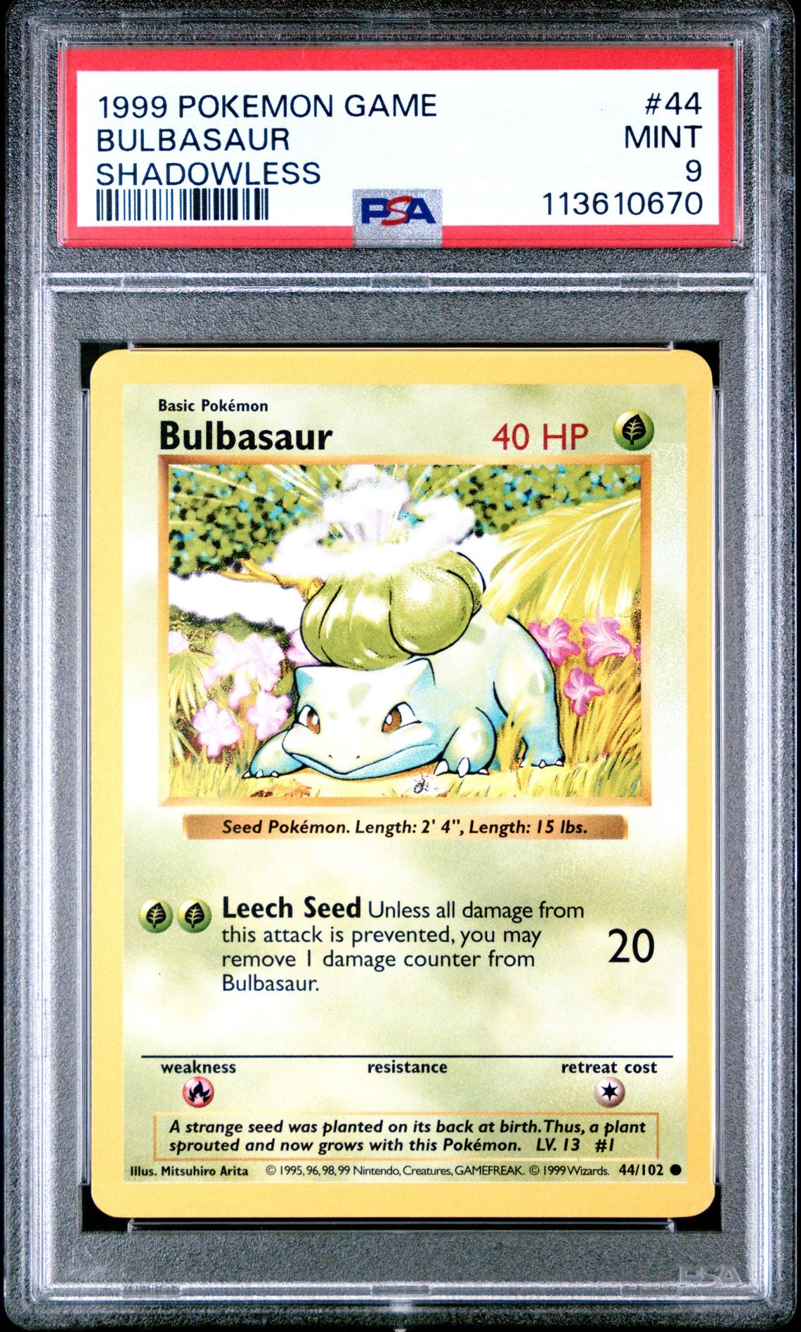 1999 POKEMON GAME 44 BULBASAUR SHADOWLESS PSA 9