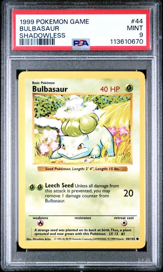 1999 POKEMON GAME 44 BULBASAUR SHADOWLESS PSA 9