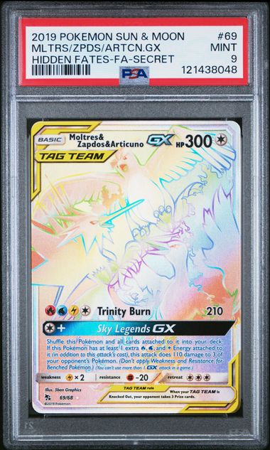 2019 POKEMON SUN & MOON HIDDEN FATES 69 FULL ART/MOLTRES & ZAPDOS & ARTICUNO GX SECRET PSA 9