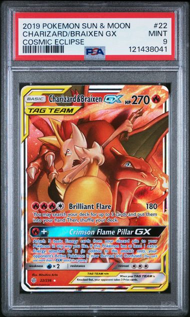 2019 POKEMON SUN & MOON COSMIC ECLIPSE 22 CHARIZARD & BRAIXEN GX PSA 9