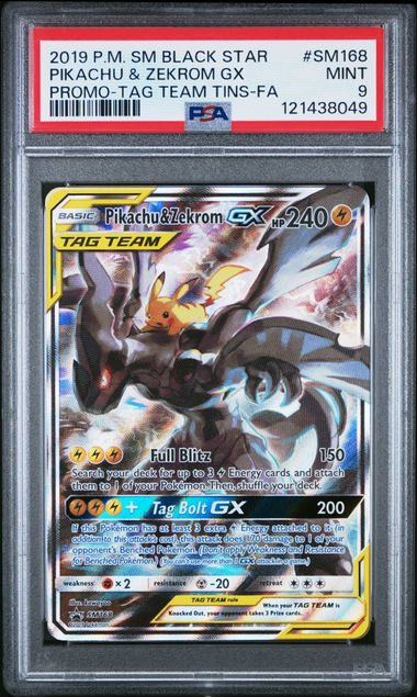 2019 POKEMON SM BLACK STAR PROMO SM168 FULL ART/PIKACHU & ZEKROM GX TAG TEAM TINS PSA 9