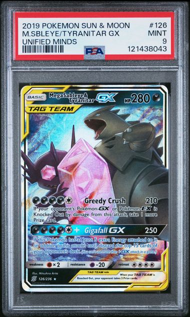 2019 POKEMON SUN & MOON UNIFIED MINDS 126 MEGA SABLEYE & TYRANITAR GX PSA 9