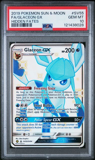 2019 POKEMON SUN & MOON HIDDEN FATES SV55 FULL ART/GLACEON GX PSA 10