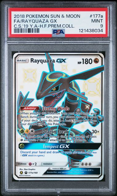 2018 POKEMON SUN & MOON CELESTIAL STORM 177a FULL ART/RAYQUAZA GX 2019 YELLOW A HIDDEN FATES PREMIUM COLLECTION PSA 9