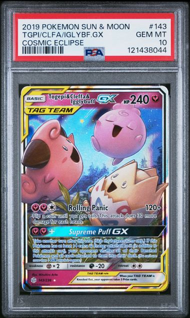 2019 POKEMON SUN & MOON COSMIC ECLIPSE 143 TOGEPI & CLEFFA & IGGLYBUFF GX PSA 10