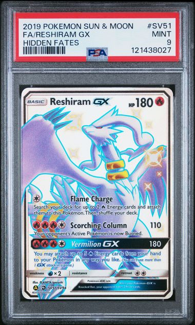 2019 POKEMON SUN & MOON HIDDEN FATES SV51 FULL ART/RESHIRAM GX PSA 9