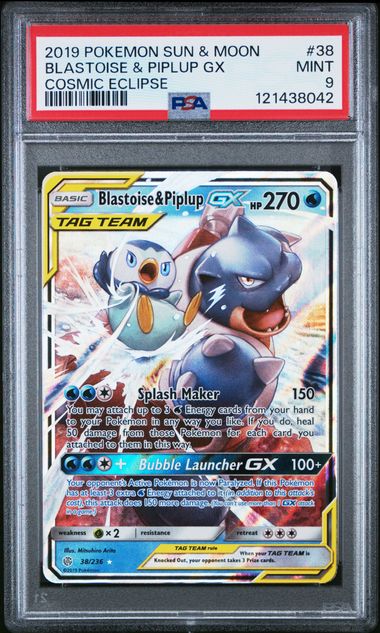 2019 POKEMON SUN & MOON COSMIC ECLIPSE 38 BLASTOISE & PIPLUP GX PSA 9
