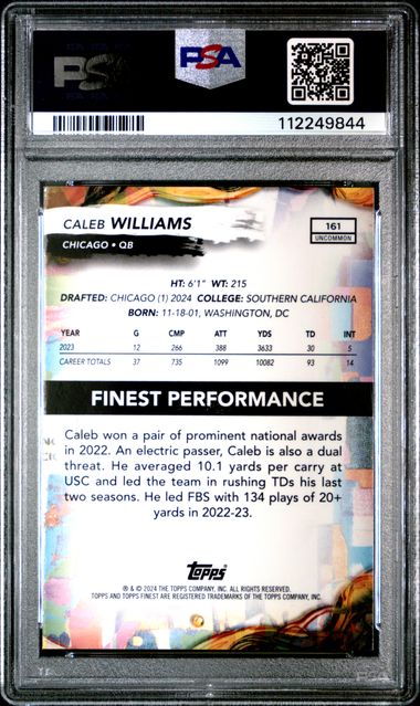 2024 TOPPS FINEST #161 CALEB WILLIAMS BLUE REFRACTOR PSA 10