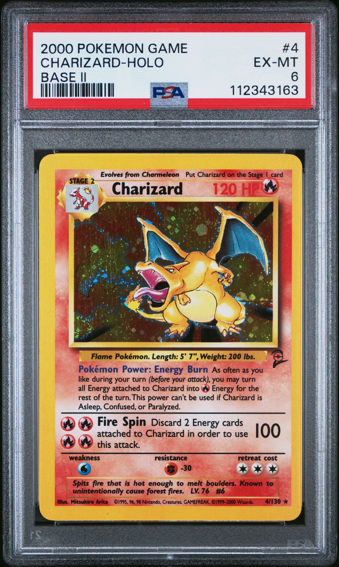 2000 POKEMON GAME BASE II #4 CHARIZARD-HOLO BASE II PSA 6