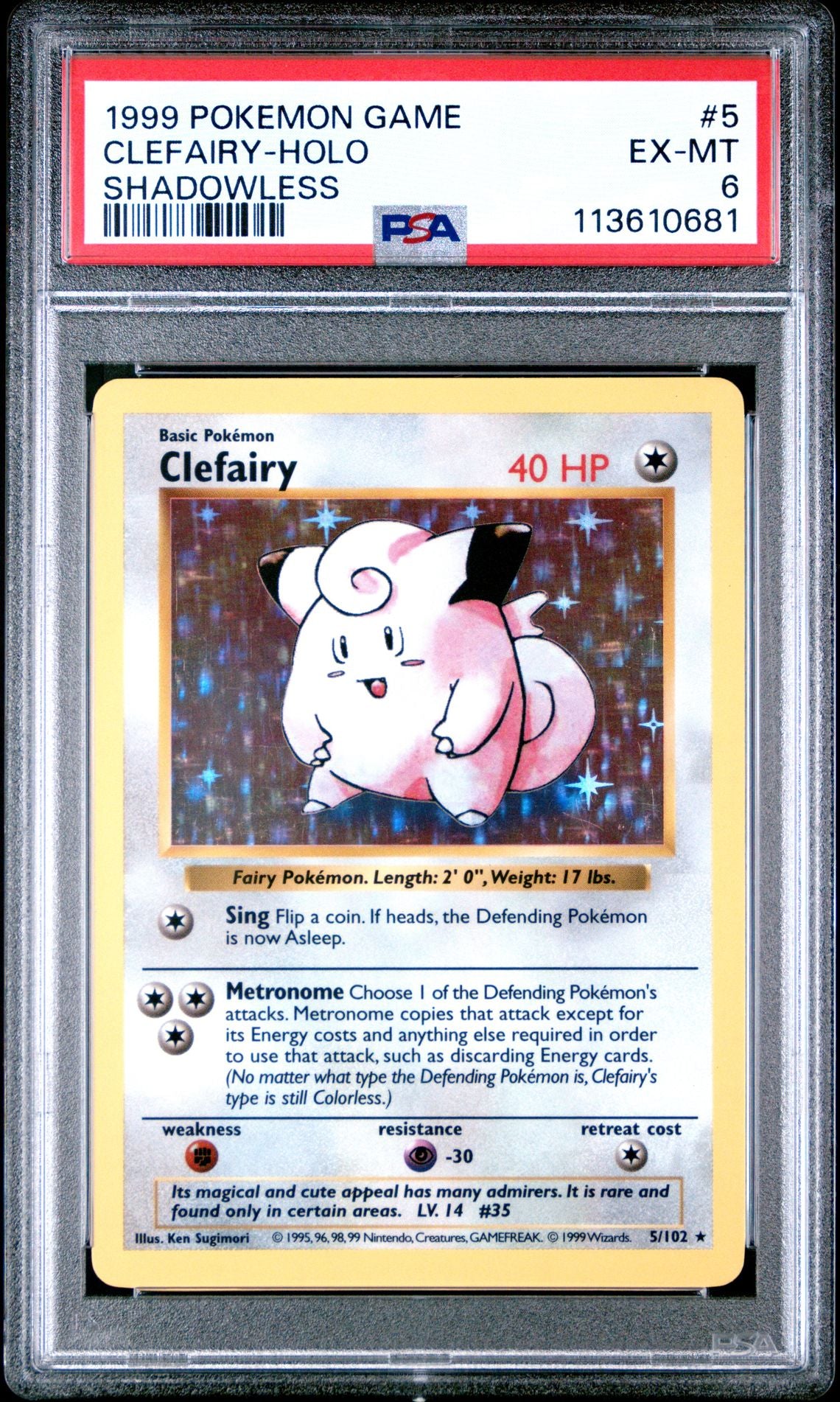 1999 POKEMON GAME 5 CLEFAIRY-HOLO SHADOWLESS PSA 6