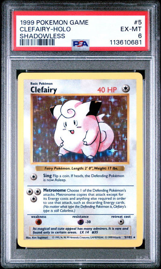 1999 POKEMON GAME 5 CLEFAIRY-HOLO SHADOWLESS PSA 6
