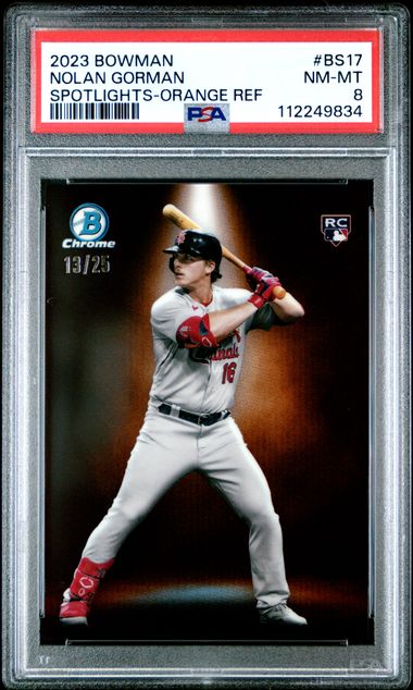 2023 BOWMAN SPOTLIGHTS #BS17 NOLAN GORMAN SPOTLIGHTS-ORANGE REF PSA 8