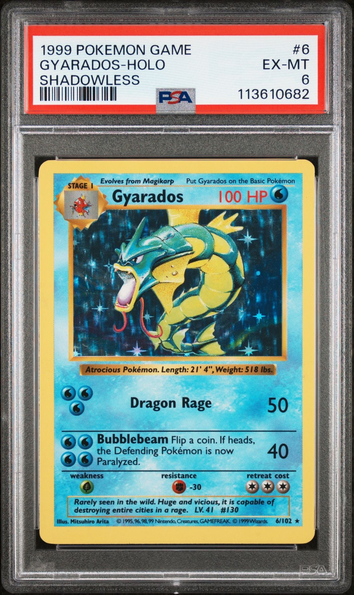 1999 POKEMON GAME 6 GYARADOS-HOLO SHADOWLESS PSA 6