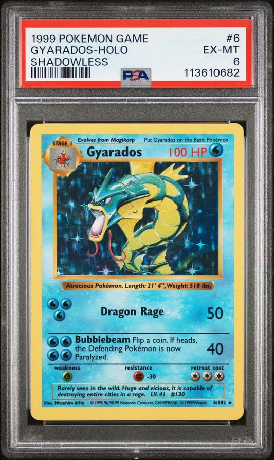1999 POKEMON GAME 6 GYARADOS-HOLO SHADOWLESS PSA 6