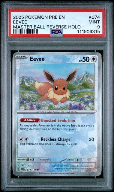 2025 POKEMON PRE EN-PRISMATIC EVOLUTIONS #074 EEVEE MASTER BALL REVERSE HOLO PSA 9