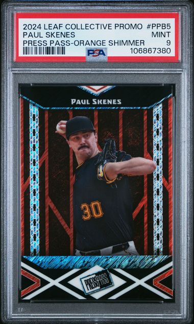2024 LEAF COLLECTIVE PROMO PRESS PASS #5 PAUL SKENES PRESS PASS-ORANGE SHIMMER PSA 9