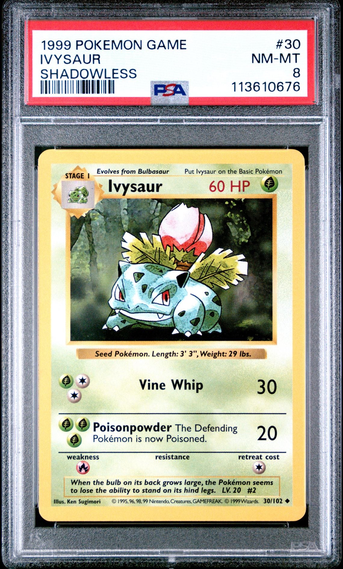 1999 POKEMON GAME 30 IVYSAUR SHADOWLESS PSA 8