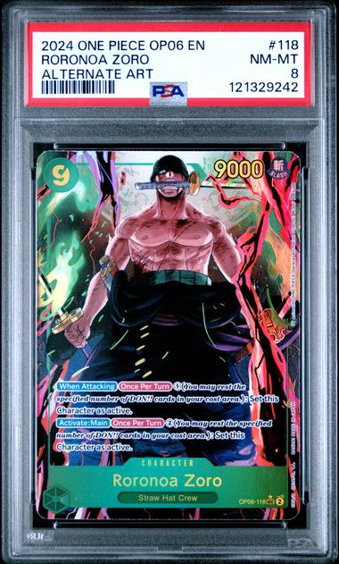 2024 ONE PIECE OP06-WINGS OF THE CAPTAIN #118 RORONOA ZORO ALTERNATE ART PSA 8