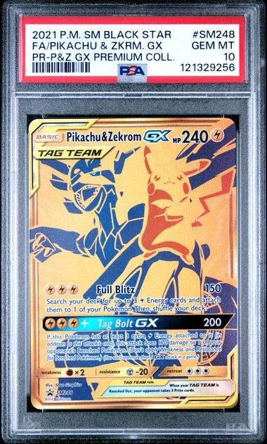 2021 POKEMON SM BLACK STAR PROMO SM248 FULL ART/PIKACHU & ZEKROM GX PIKACHU & ZEKROM GX PREMIUM COLLECTION PSA 10