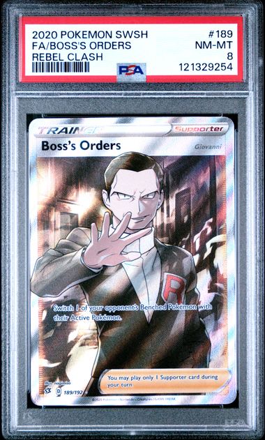 2020 POKEMON SWORD & SHIELD REBEL CLASH 189 FULL ART/BOSS'S ORDERS PSA 8