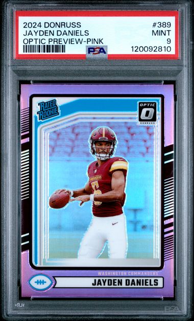2024 PANINI DONRUSS #389 JAYDEN DANIELS OPTIC PREVIEW-PINK PSA 9