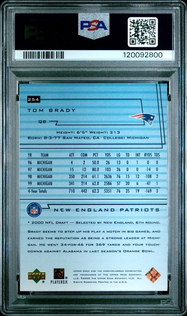 2000 UPPER DECK #254 TOM BRADY PSA 8
