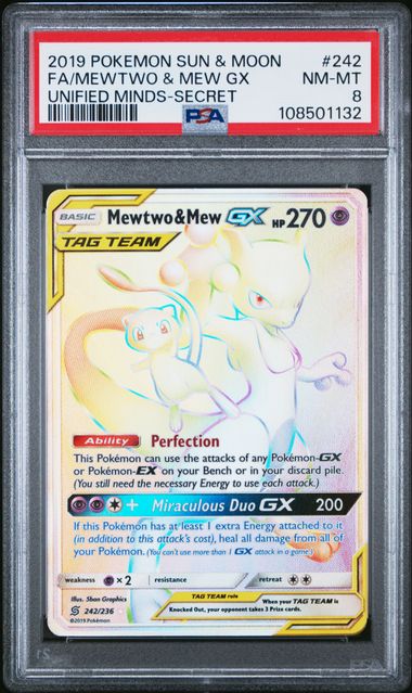 2019 POKEMON SUN & MOON UNIFIED MINDS #242 FA/MEWTWO & MEW GX UNIFIED MINDS-SECRET PSA 8