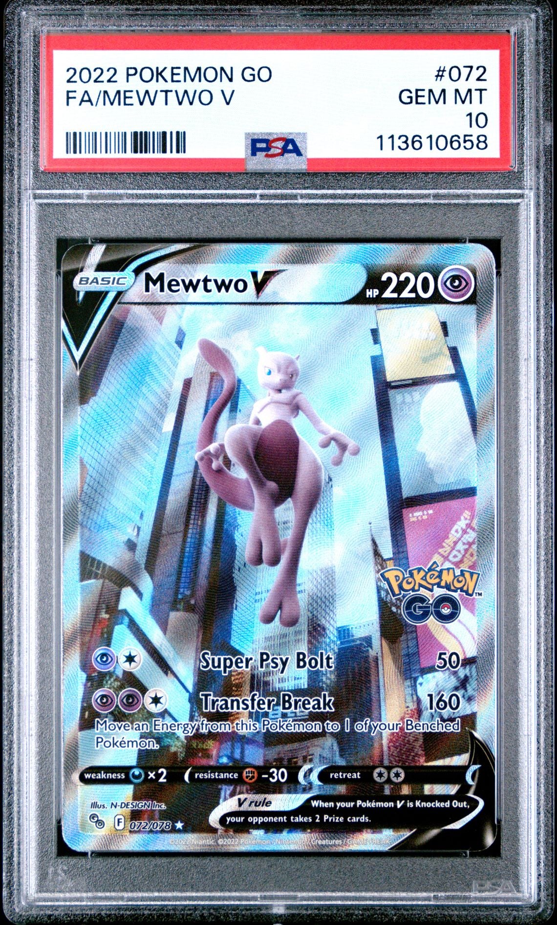 2022 POKEMON GO 072 FULL ART/MEWTWO V PSA 10
