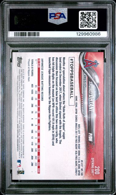 2018 TOPPS OPENING DAY #200 SHOHEI OHTANI PSA 10