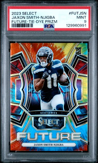 2023 PANINI SELECT SELECT FUTURE #FUTJSN JAXON SMITH-NJIGBA FUTURE-TIE-DYE PRIZM PSA 9