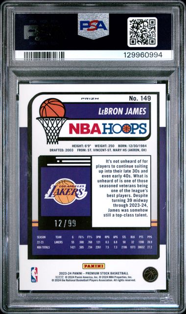 2023 PANINI HOOPS PREMIUM STOCK #149 LeBRON JAMES BLUE ICE PRIZM PSA 10