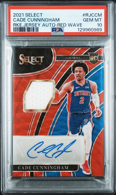 2021 PANINI SELECT ROOKIE JERSEY AUTOGRAPHS #RJCCM CADE CUNNINGHAM RKE.JERSEY AUTO-RED WAVE PSA 10