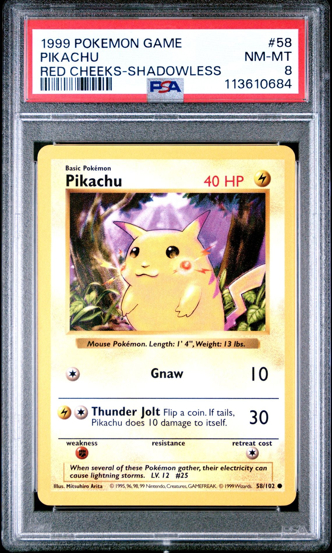 1999 POKEMON GAME 58 PIKACHU RED CHEEKS-SHADOWLESS PSA 8