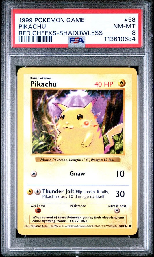 1999 POKEMON GAME 58 PIKACHU RED CHEEKS-SHADOWLESS PSA 8