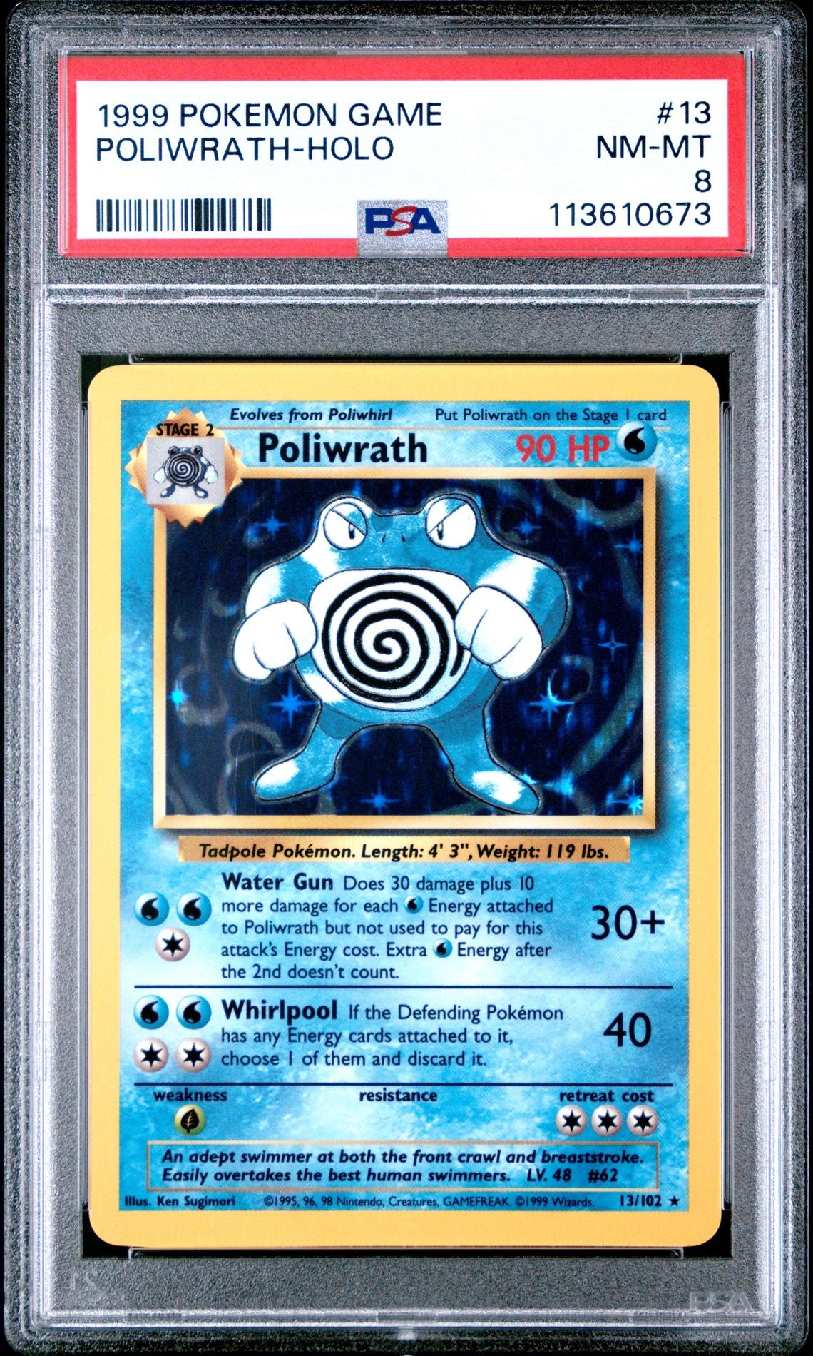 1999 POKEMON GAME 13 POLIWRATH-HOLO SHADOWLESS PSA 8