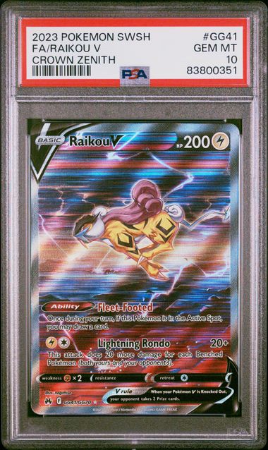 2023 POKEMON SWORD AND SHIELD CROWN ZENITH #GG41 FA/RAIKOU V CROWN ZENITH PSA 10