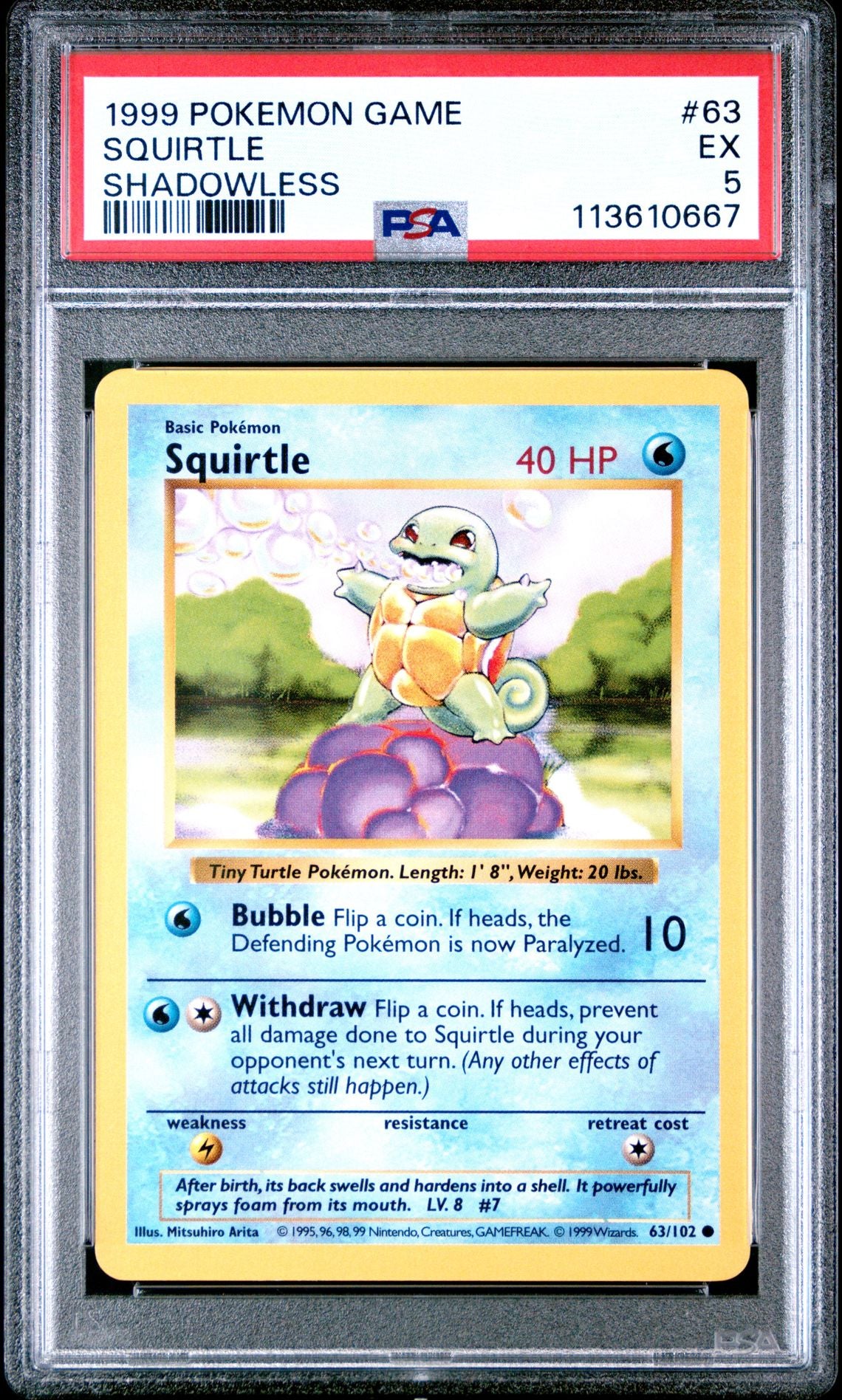 1999 POKEMON GAME 63 SQUIRTLE SHADOWLESS PSA 5